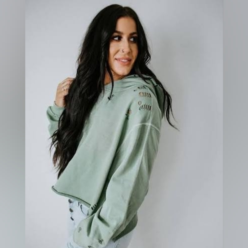 Chelsea DeBoer Sage Green Distressed Oversized Hooded Sweatshirt Medium